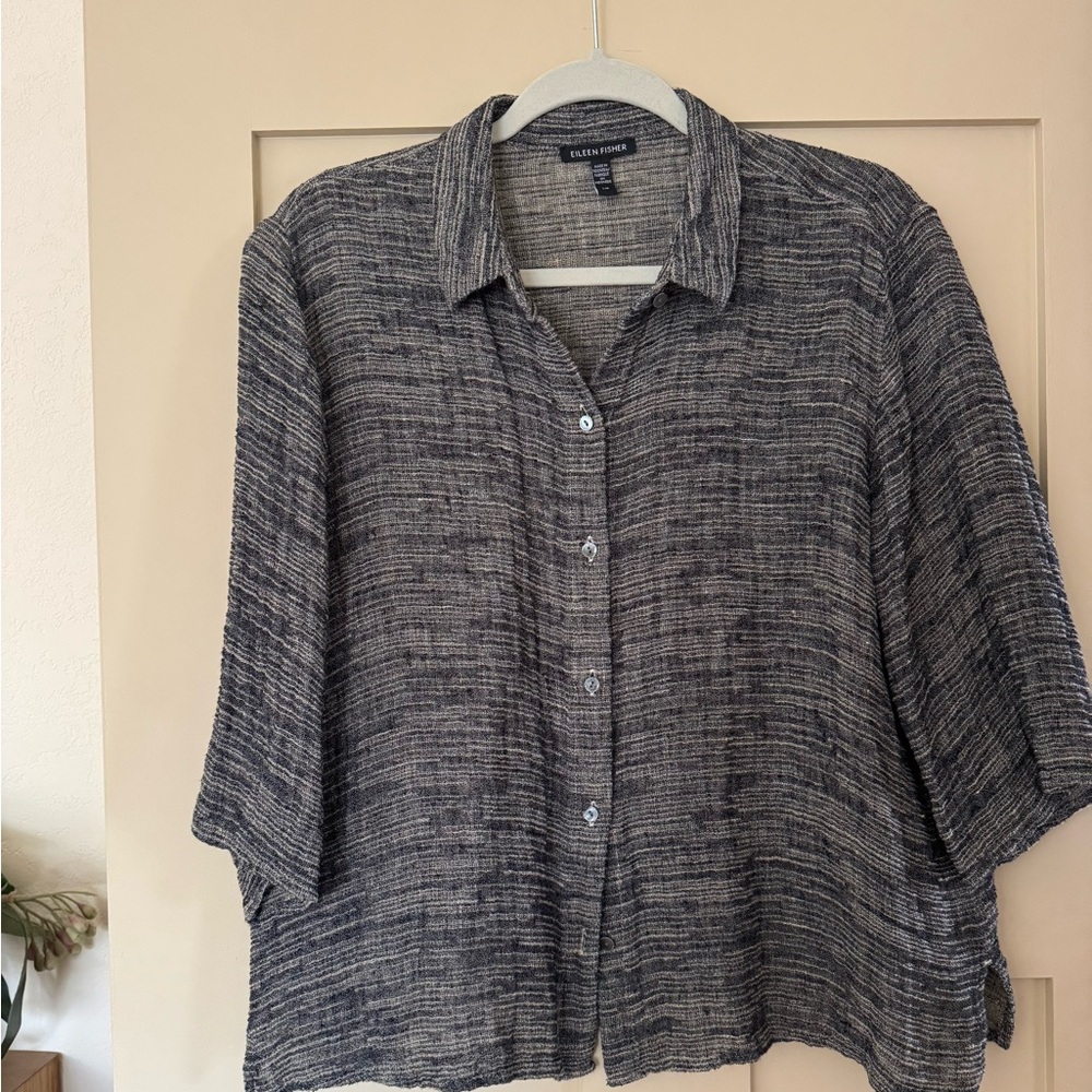Eileen Fisher L Textured Blouse Boxy Striped